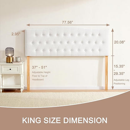 Tufted Upholstered Headboard King Size, Sturdy & Durable Solid Wood Bed headboard, Fabric Headboard Adjustable Height from 37” to 51”, Modern Button Diamond Design Head Board, White