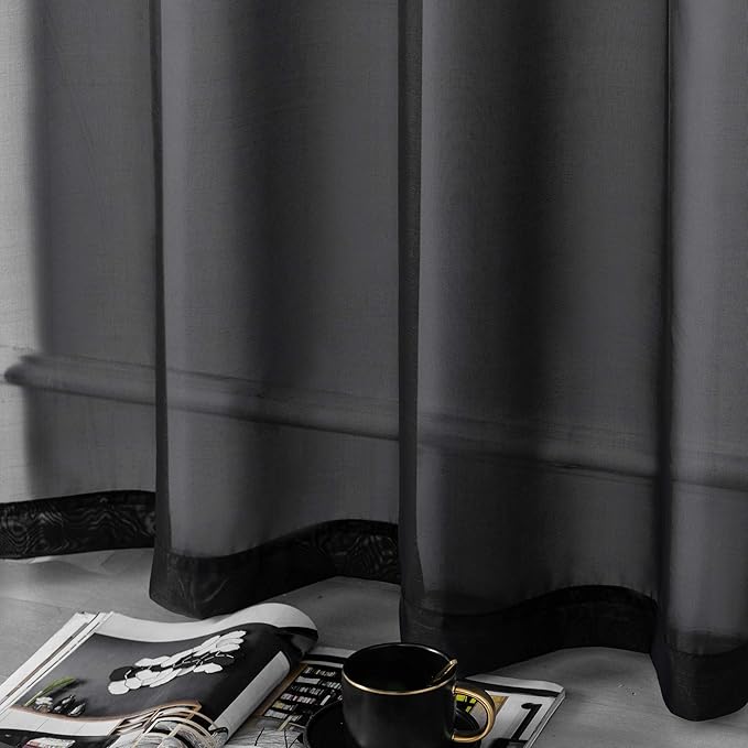 DUALIFE 96 Inches Length Curtains for Living Room Set of 2 Panels Grommet Look Semi Transparent Thin Black Sheer Curtains for Bedroom Backdrop (52" W x 96" L, Black)