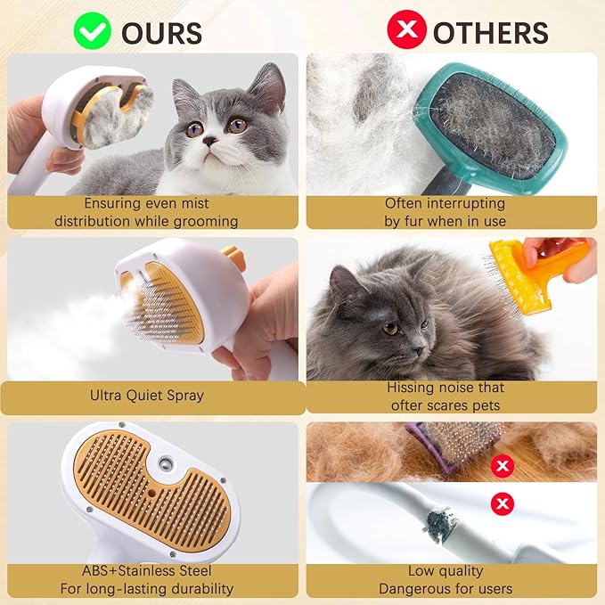 Pet Steam Brush for Cats and Dogs, 4 in 1 Spray Depilatory Comb, Cat Brush with Self-cleaning and Massage Functions Perfect for Long-haired and Short-haired Pets-Mewly Pet