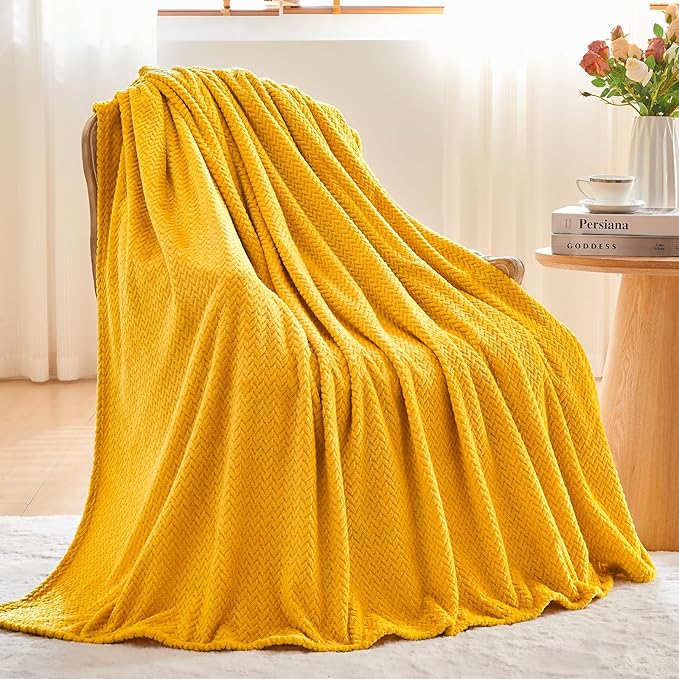 NEWCOSPLAY Super Soft Twin Blanket Mustard Yellow Premium Silky Flannel Fleece Leaves Pattern Lightweight Bed Blanket All Season Use (Mustard Yellow, Twin(60"x80"))