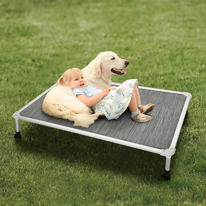 Veehoo Chew Proof Elevated Dog Bed - Cooling Raised Pet Cot - Silver Aluminum Frame and Durable Textilene Mesh Fabric, Unique Designed No-Slip Feet for Indoor or Outdoor Use, Black Silver, X Large-Mewly Pet