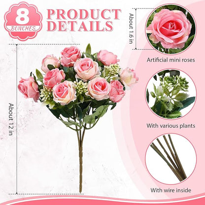 Zeyune 8 Pack 12 Inch Artificial Rose Bouquet Silk Roses Flowers Bunches Bulk Fake Roses for Wedding Bridal Home Office Garden Parties Decoration(Pink)