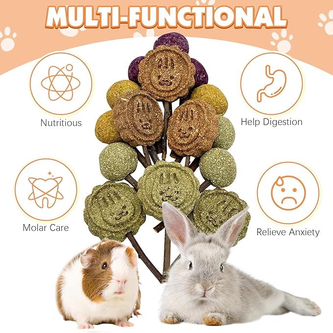 Fhiny Rabbit Chew Toys, 30 PCS Natural Bunny Lollipop Chew Sticks Handmade Guinea Pig Molar Treats for Teeth Small Animals Snacks for Guinea Pig Bunny Chinchilla Hamster Gerbil Teeth Care-Mewly Pet