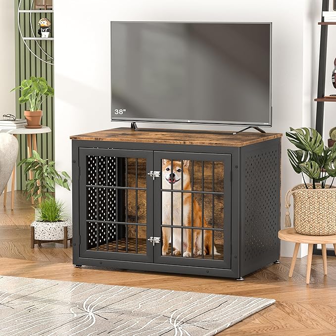 38" Heavy Duty Dog Crate Furniture for Large and Medium Dogs,Wooden Metal Kennel for High Anxiety Dogs, Chew Proof Pet Cage Indoor, Decorative Dog Kennel End Table-Mewly Pet