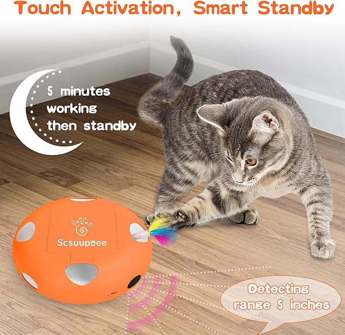 Interactive Cat Toy, Electric Cat Toys for Moving Concealed Feathers, Smart Sensor 7 Holes Whack a Mole Feather Toy, USB Charge Automatic Kitten Toys,Orange-Mewly Pet