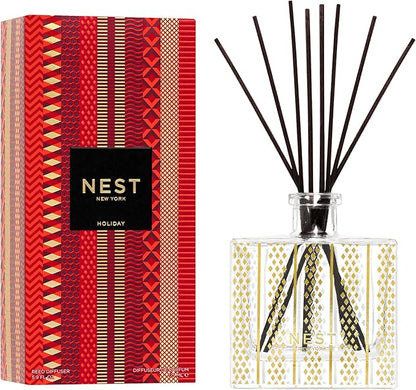 NEST New York Reed Diffuser, Holiday - 5.9 fl oz - Fragrance for Up to 90 Days - Reusable, Refillable Glass Holder - Includes 8 All-Natural Reed Sticks - Flame Free