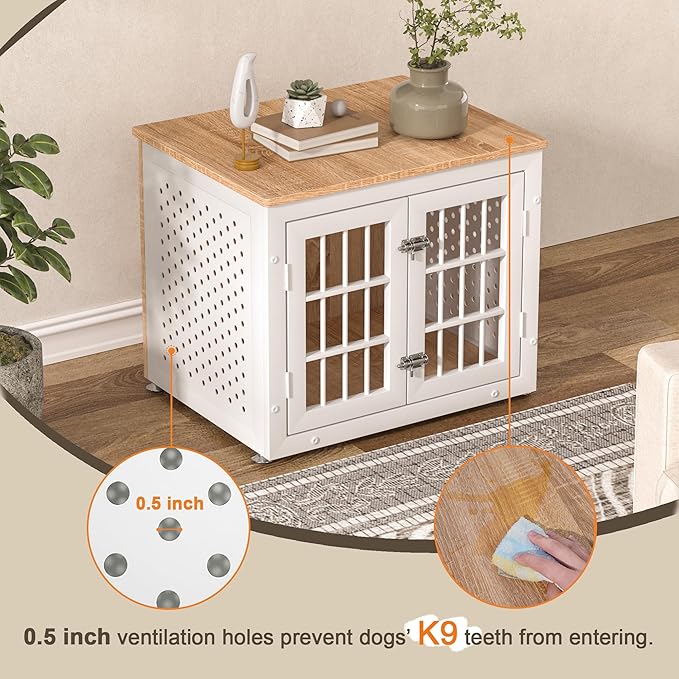 26" Heavy Duty Dog Crate Furniture for Small Dogs, Metal Kennel for High Anxiety Dogs, Chew Proof Pet Cage Indoor, Decorative Dog Kennel End Table,White-Mewly Pet