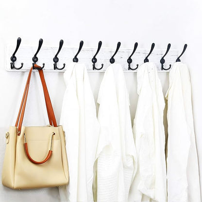 WEBI Wall Mounted Coat Rack, 38 9/16" Long, 10 Hooks, Wood Hanger Rail With Triple Hooks for Hanging Clothes, Jackets - Black/White, 2 Packs