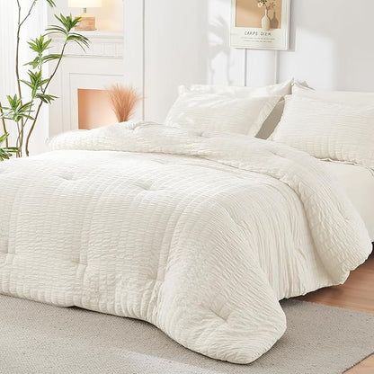 HYMOKEGE Ivory Twin Comforter Set Seersucker 5 Pieces, All Season Luxury Bed in a Bag for Bedroom, Bedding Set with Comforters, Sheets, Pillowcase & Shams