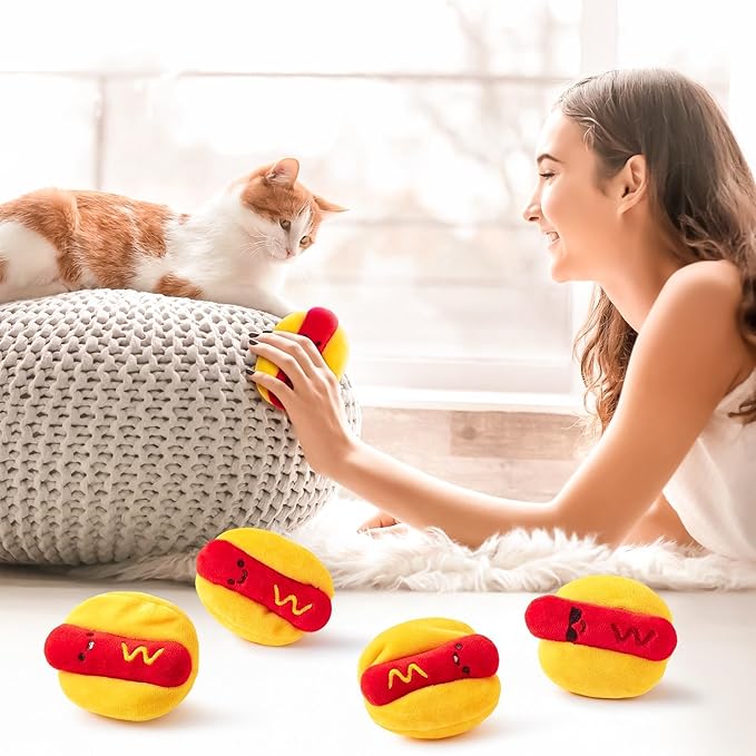 L1rabe Hot Dog Catnip Stuffed Toys - 5Pcs Fall Funny Hot Dog Cat Toys Indoor Yellow Interactive Pet Supplies, Kitten Chew Bite Tools Cat Lovers Gifts, Organic Eco-friendly Birthday Present for Kittens-Mewly Pet