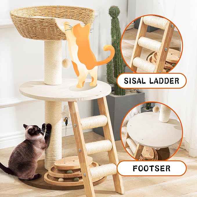 Natural Wood Modern Cat Tree with Top Cats Bed, Unique Cute Cats Furniture Activity Centre with Sisal Rope Scratching Posts, Cats Tower Condo with Interactive Cat Toy Tree-Mewly Pet