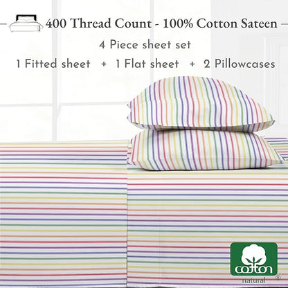 California Design Den Striped Queen Sheet Set - 400 Thread Count Sateen, Natural 100% Cotton Sheet Set Queen Size, Deep Pocket Cooling and Durable Bedding - Rainbow Striped