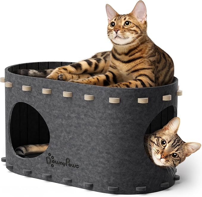 DownyPaws Cat House for Indoor Cats, Cat Bed Cave for Multiple & Large Cats Up to 22 Lbs, Scratch Resistant Peekaboo Cat Caves, Foldable Tunnel Enclosed Bed, PeekaPurr, Sesame Gray-Mewly Pet