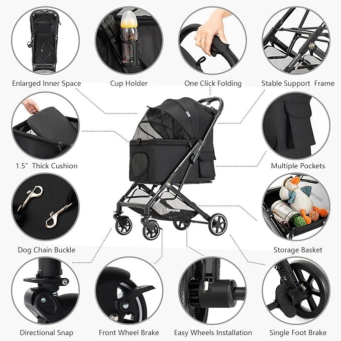 Medium Dog Stroller, Kenyone Pet Stroller for Medium Dogs Up to 55lbs, Lightweight Aluminum Frame, One Click Folding, Large Cat Stroller with No Zip Entry, Detachable Mesh, Multiple Pockets-Mewly Pet
