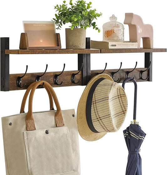 YMYNY Coat Rack Shelf Wall Mounted, Coat Hooks Set of 2, Entryway Coat Hanger with 8 Hooks, 31.5" Wall Floating Shelf with Hat Rack, for Kitchen, Bedroom, Bathroom, Rustic Brown UHWS001H-2
