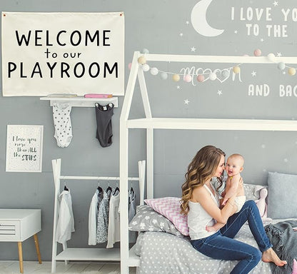 Hanging Rectangular Playroom Banner Flag Poster Wall Art Decoration Gift for Toddler Baby Boy Girl Kids Room Nursery Classroom Play Room Wall Decor-Baby Shower Christmas Gift Welcome to Our Playroom