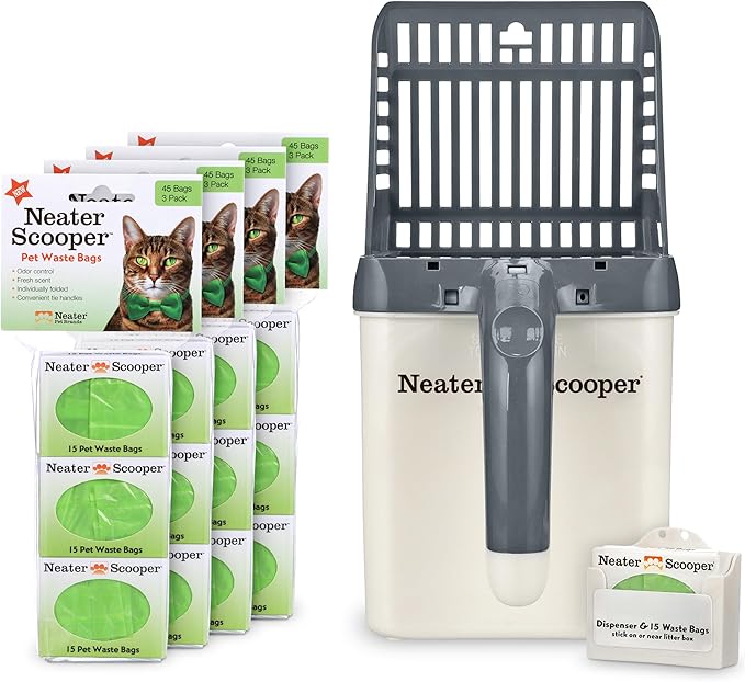 Neater Pet Brands Neater Scooper Standard Cat Litter Scoop, 195 Refill Bags – Mess-Free Cat Litter Scooper with Bag, Spill-Proof Kitty Box Sifter, Bin Doubles as Scoop Holder, For Single-Cat Household-Mewly Pet