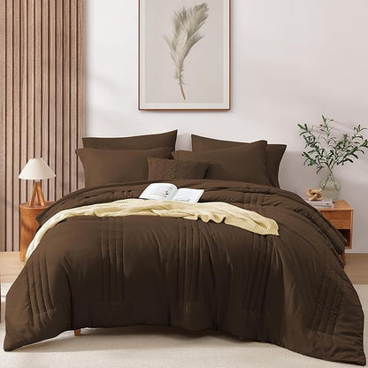 Monbix Queen Comforter Set - 7 Pieces Chocolate Brown Bed in a Bag Queen Bedding Sets with Comforters, All Seasons Down Alternative Comforter Bed Set with Sheets, Pillowcases & Shams
