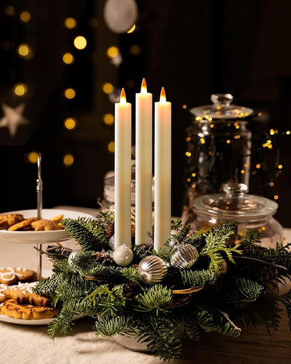 Da by 3 LED Flameless Table Candles with Remote Timer, 9.6 Inch Ivory Candle Holder, Battery Powered 3D Flickering False Flame Window Candle, Free 3 Black Bases