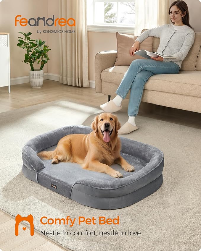 Feandrea Dog Bed, Large Orthopaedic Dog Sofa Bed, 42 x 30 x 7 Inches, Egg Crate Foam, Waterproof Liner, Raised Edges, Removable and Machine Washable Cover, Non-Slip, Light Gray UPGW283G01-Mewly Pet