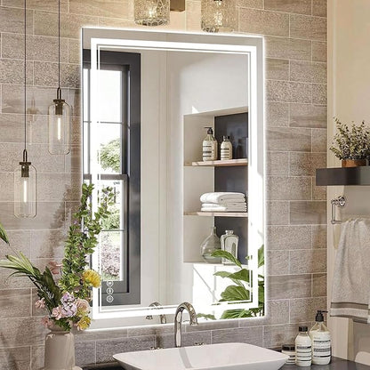 36''x24'' Lighted Mirrors for Bathroom Wall Backlit + Front Lit, Rectangular LED Bathroom Mirror Frameless with Lights Anti Fog, Dimmable, 3 Colors,Tempered Glass, Shatter-Proof (Color 1,)
