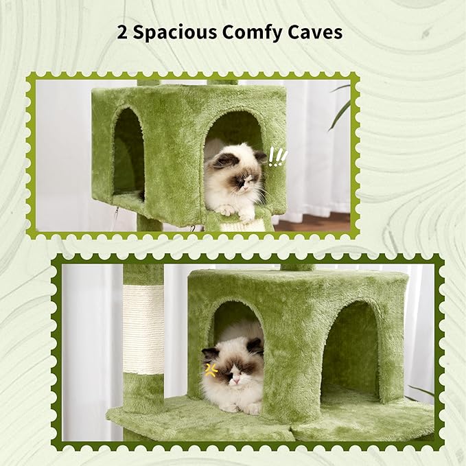 Cat Tree for Indoor Cats, 71'' (180cm) Multi-Level Cat Tower for Large Adult, Sturdy Cat Tree House with 2 Scratching Boards 7 Posts, 2 Plush Perches/Condos, Hammock, Green GCT032GR-Mewly Pet