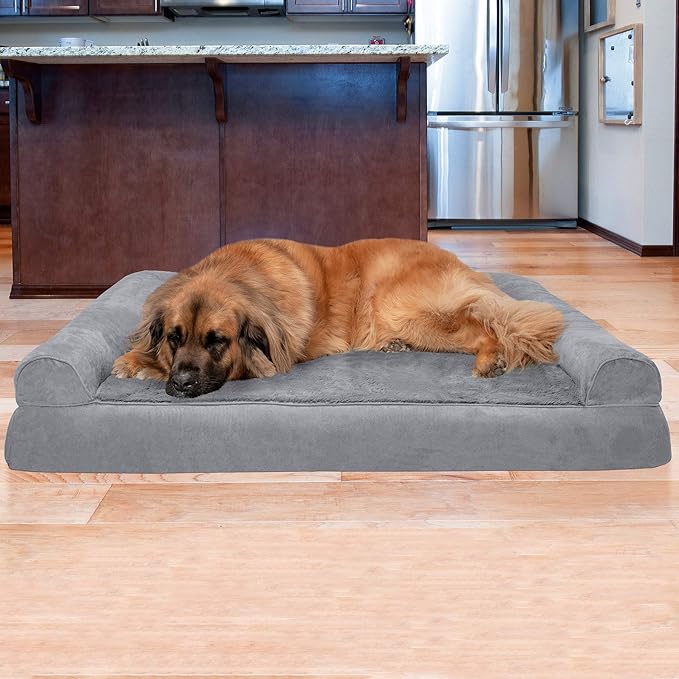 Furhaven Orthopedic Dog Bed for Large Dogs w/ Removable Bolsters & Washable Cover, For Dogs Up to 125 lbs - Plush & Suede Sofa - Gray, Jumbo Plus/XXL-Mewly Pet