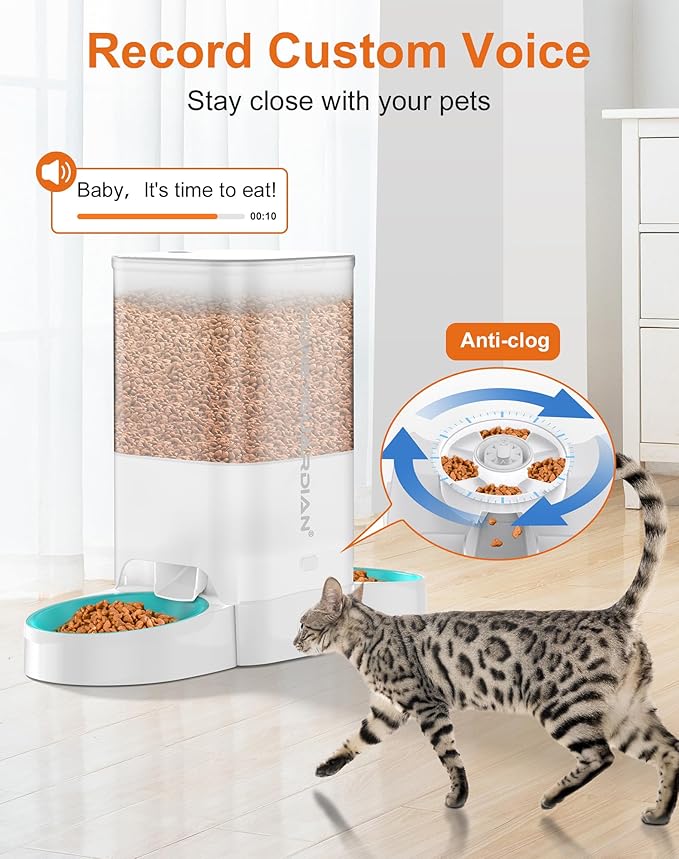 HoneyGuaridan 5L Automatic Cat Feeder for Two Cats, 2.4G WiFi Enabled Smart Feed Pet Feeder with Slow Feeder Bowl,APP Control Dispenser, Dual Power Supply,Desiccant Bag,10s Meal Call White-Mewly Pet