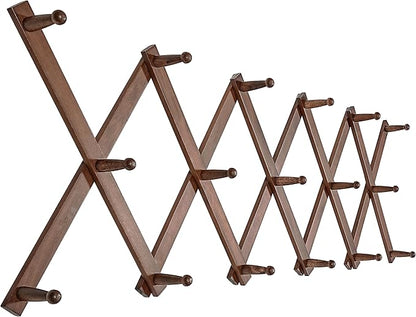 SKOLOO Hat Rack for Wall with 17 Hooks, Solid Wooden, Modern, Expandable Coat Rack Wall Mount for Coats, Hats, Bags, Baseball Caps, Walnut Color