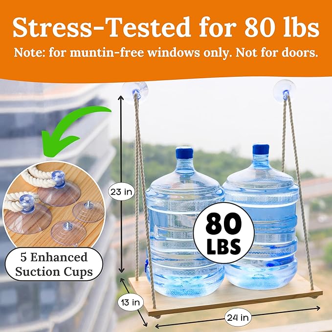 Cat Window Perch for Large Cats - Hammock Bed for Heavy Indoor Cats - Solid Wood Seat, 5 Strong Suction Cups, Soft Cushion - Rustic Shelf for Pets Inside-Mewly Pet