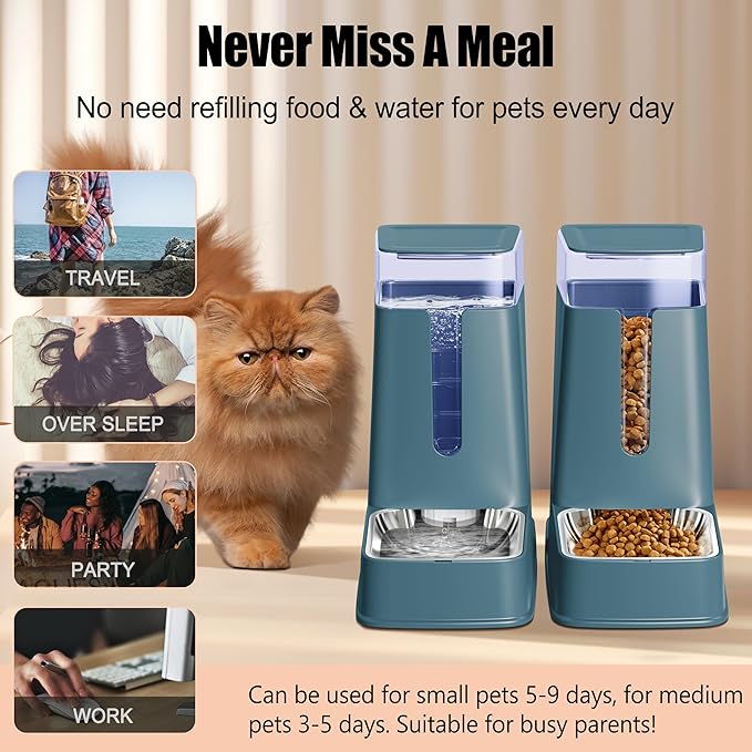 Automatic Cat Feeder and Cat Water Dispenser Set with Stainless Steel Bowls Gravity Dog Feeder for Small Medium Big Dog Pets Puppy Kitten, 3.8L x 2 (Cyan)-Mewly Pet