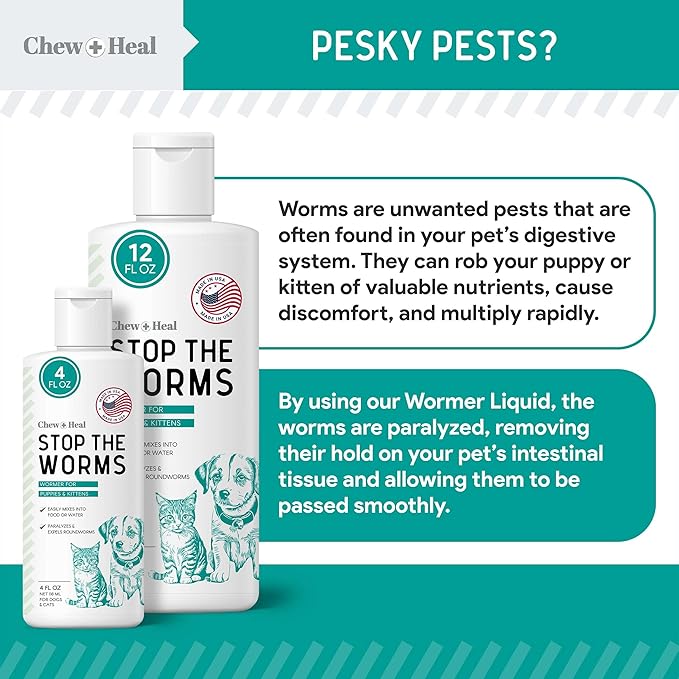 Dog and Cat Dewormer Liquid - 4 oz Wormer Solution to Paralyze and Expel Roundworms - Kitten and Puppy Dewormer-Mewly Pet