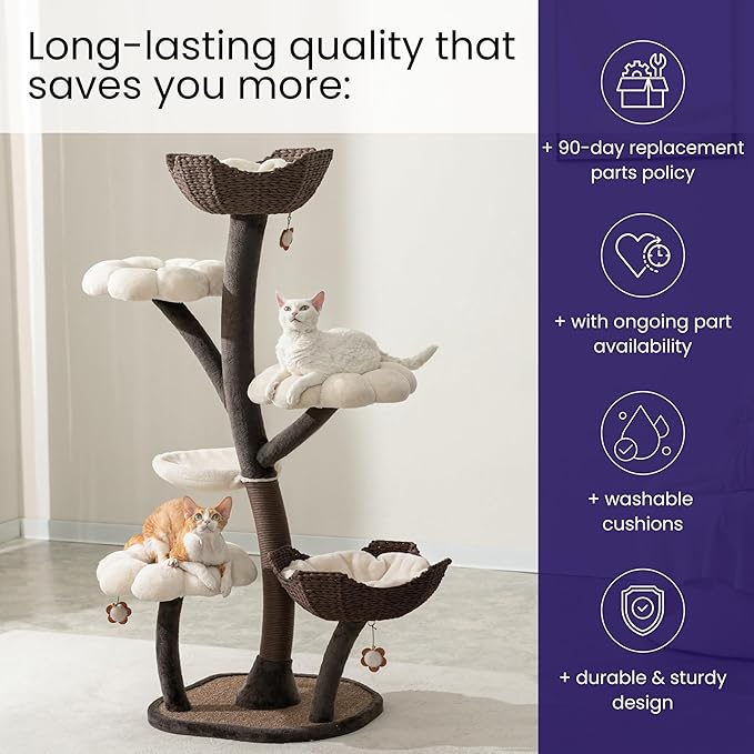 Catry Blossom 59" Flower Cat Tree with Replaceable Flower Perches and Scratching Posts, Handwoven Baskets with Washable Beds, Durable Iron Frame for Large & Multi-Cat Homes-Mewly Pet