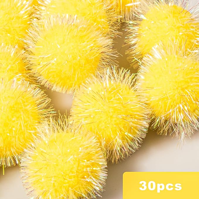 VAPKER 30 Pcs Cat Ball Toys Sparkle Balls Extra Large 2 Inch Cat's Favorite Chase Glitter Ball Glitter Tinsel Pom Poms Balls Yellow Color-Mewly Pet