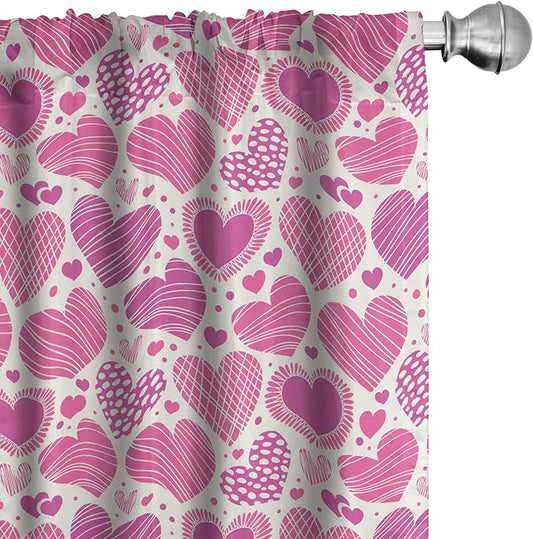 Ambesonne Valentines Window Curtains Pack of 2, Romantic Heart Shapes with Many Different Designs Polka Dots Crossed Lines, Lightweight Set with Rod Pocket, 4 Panels of - 28" x 63", Pink White