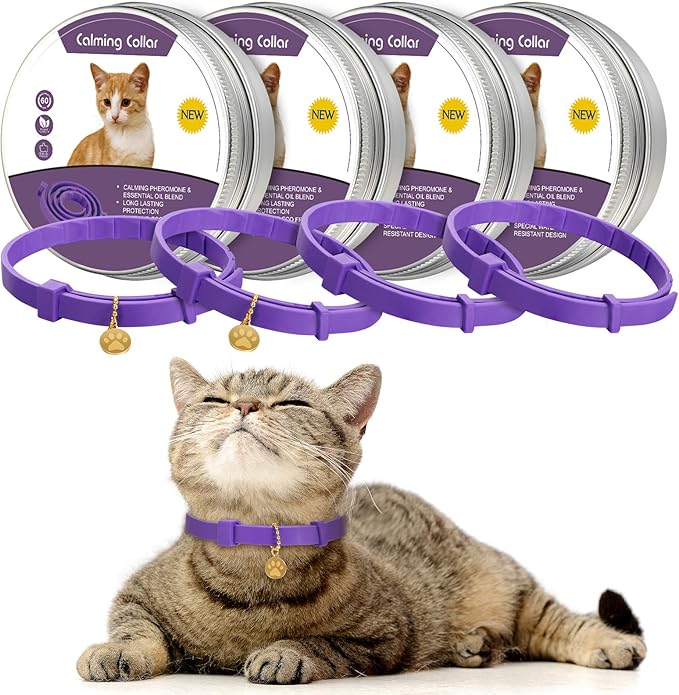 4 Pcs Cat Calming Collar Adjustable Lavender Scent Relaxing Cat Collar with 2 Pendant for Puppies Reduce Stress Aggression Anxious, up to 15 Inches(Purple, Gold)-Mewly Pet