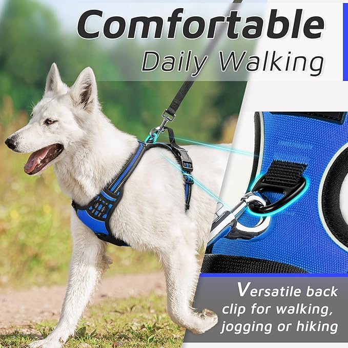Eagloo Dog Harness Medium Sized Dog, No Pull Service Vest with Reflective Strips and Control Handle, Adjustable and Comfortable for Easy Walking, No Choke Pet Harness with 2 Metal Rings, Blue, M-Mewly Pet