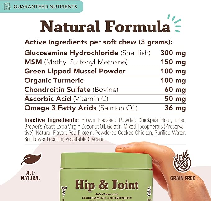 Natural Dog Company Hip & Joint Chews, Chicken Liver & Turmeric Flavor, with Glucosamine Chondroitin for Dogs, Maintains Bone and Joint Health, Supplements for Seniors and Puppies, 90 Count-Mewly Pet