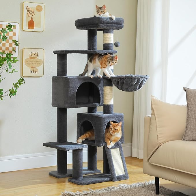 PAWZ Road Cat Tree, 51.6 Inches Cat Tower with Dual Condos, Spacious Perch, Cozy Basket and Sisal-Covered Scratching Posts for Indoor Cats- Dark Gray-Mewly Pet