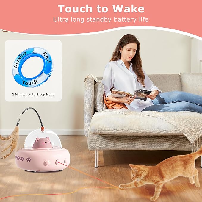 hooroor 2-in-1 UFO Laser Cat Toy – Automatic Motion with Feather, Rechargeable Smart Sensor Interactive Toy for Indoor Cats & Dogs, Fun Exercise & Play, Perfect Pet Gift-Mewly Pet