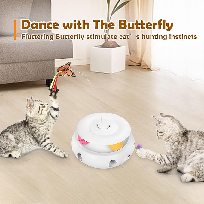 Cat Toys,3-in-1 Interactive Cat Toys for Indoor Cats,Rechargeable Automatic Interactive Cat Toy with Fluttering Butterfly,Smart Sensor 6 Holes Mice Whack-A-Mole and Track Balls, White-Mewly Pet