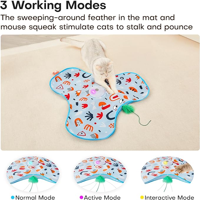 Potaroma Hide and Seek Interactive Cat Toys, Moving Concealed Wand Feather, Automatic Chargeable Indoor Kitten Exercise Kicker, Mouse Squeaky, Floral Cover-Mewly Pet