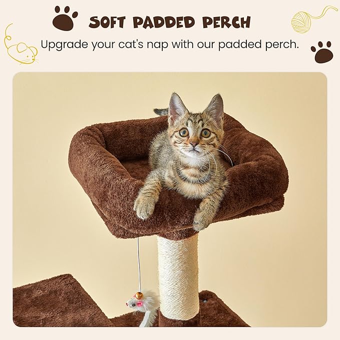 MWPO 63.8 inches Multi-Level Cat Tree for Large Cats with Sisal-Covered Scratching Posts, Padded Platform, Hammock and Condo,Stable Cat Tower Cat Condo Pet Play House (Brown)-Mewly Pet