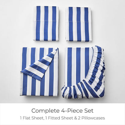 Mellanni King Sheets Set - 4 PC Iconic Collection Bedding - Hotel Luxury, Extra Soft, Cooling Bed Sheets - Wrinkle, Fade, Stain Resistant (King, Oxford Stripe Blue Nova)