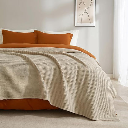 PHF 100% Cotton Waffle Weave Blanket Queen Size for Bed,Snag Proof Lightweight Breathable Throw for Couch,Great for Layering in Cold Weather,Machine Washable, Home Decor Gift-Khaki/Simply Taupe