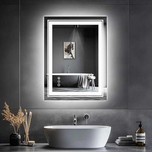 LED Bathroom Mirror, 20"x28" Mirror with Front and Backlit, Anti-Fog, Bathroom Vanity Mirror for Wall, Memory, Stepless Dimmable, Tempered Glass (Horizontal/Vertical)