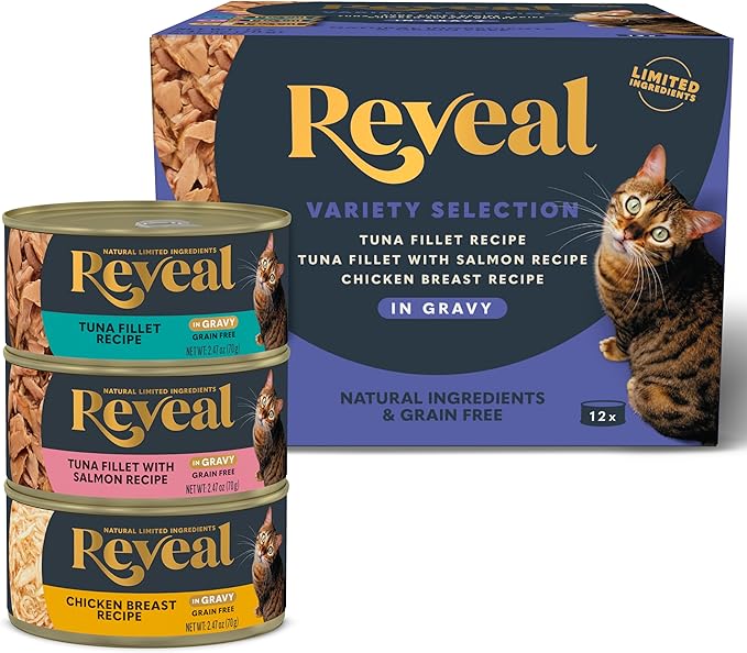 Reveal Natural Wet Cat Food, 12 Count, Grain Free, Limited Ingredient Canned Food for Cats, Fish and Chicken Variety in Gravy, 2.47 oz Cans-Mewly Pet