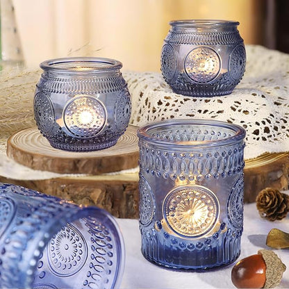 36 Pcs Blue Candle Holders Bulk- Blue Votive Candle Holders for Wedding Centerpieces, Assorted Glass Tea Lights Holders for Baby/Bridal Shower, Thanksgiving, Fall, Christmas Table Centerpieces Decor