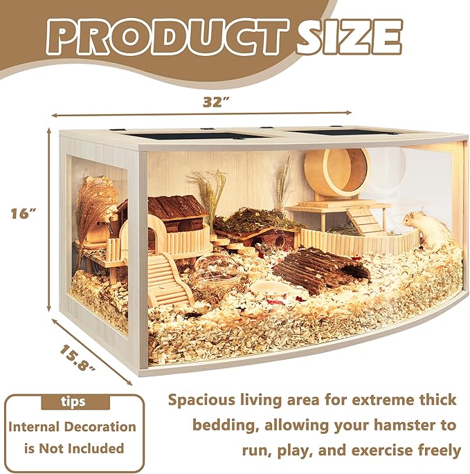 Prolee Hamster Cage Chew Proof Wood, Hamsters Enclosure Openable Top with Curved Design,Waterproof Small Animals Cage with Acrylic Sheets for Gerbils,Hamster Habitat(32 Inches)-Mewly Pet