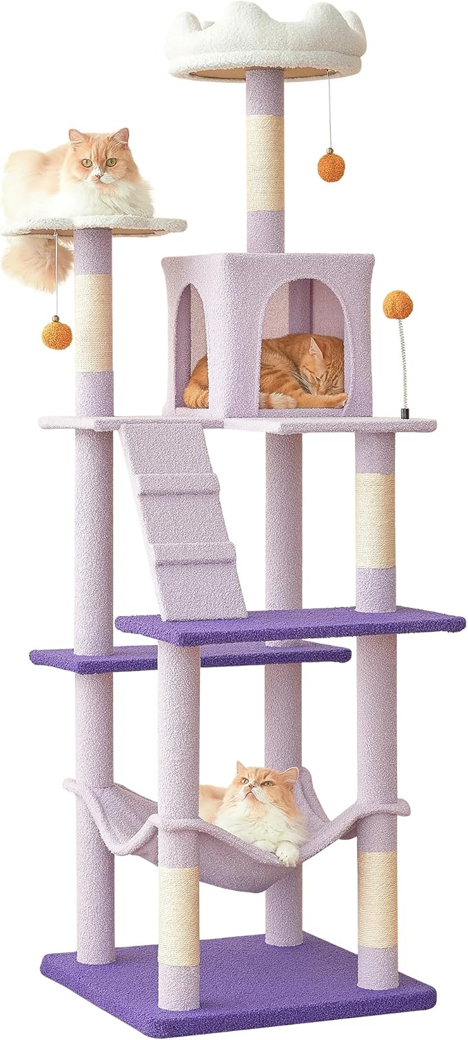 MWPO Flower Large Cat Tree, 70.1-Inch Multi-Level Tall Cat Tower for Indoor Cats, Plush Cat Condo with Big Padded Perches, Sisal-Covered Scratching Posts, Hammock, Toys for Kittens & Cats-Mewly Pet